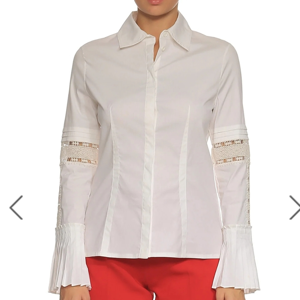 Yigal Azrouel White Button Down Shirt with Lace and Pleats